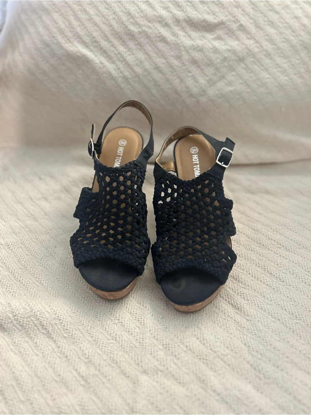 Hot Tomato Black Woven Slingback Wedge Sandals with Buckle